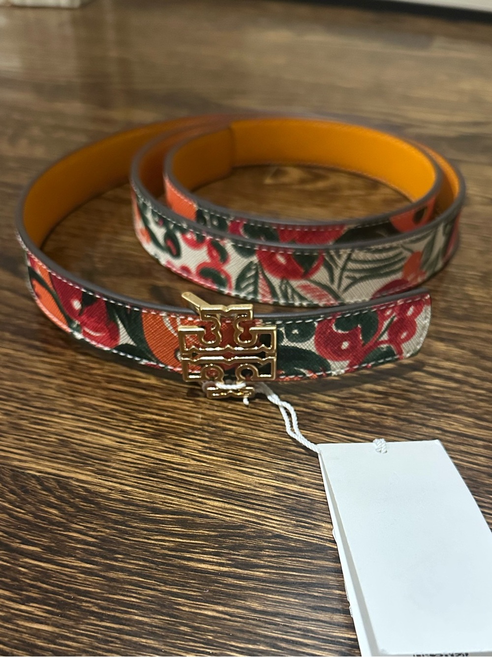 Tory Burch Floral Leather Belt in Orange, Red and Green